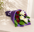 Bouquet of white lilies and red roses from FlowerPlus花加, fresh floral arrangement with elegant lilies and vibrant roses.