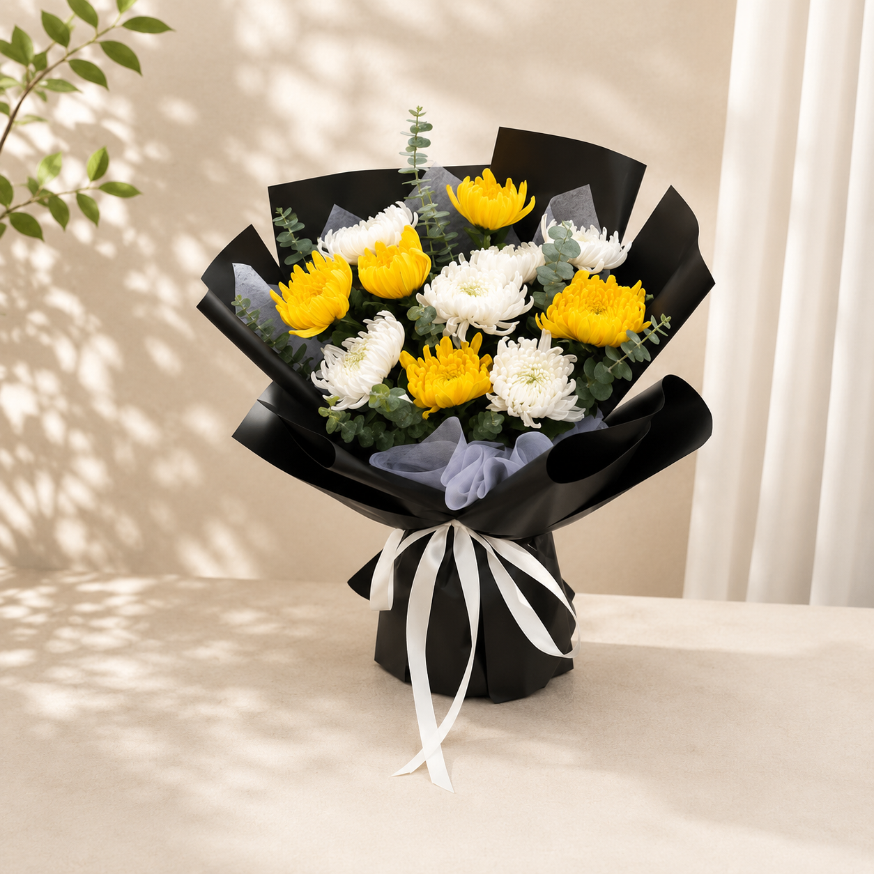 Sunlight yellow chrysanthemum net bouquet by FlowerPlus花加 featuring vibrant chrysanthemums arranged in a decorative net wrapping.
