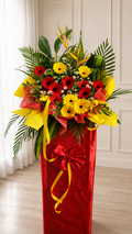 Colorful gerbera daisies in a FlowerPlus花加 grand opening standee for fortune and success celebration.