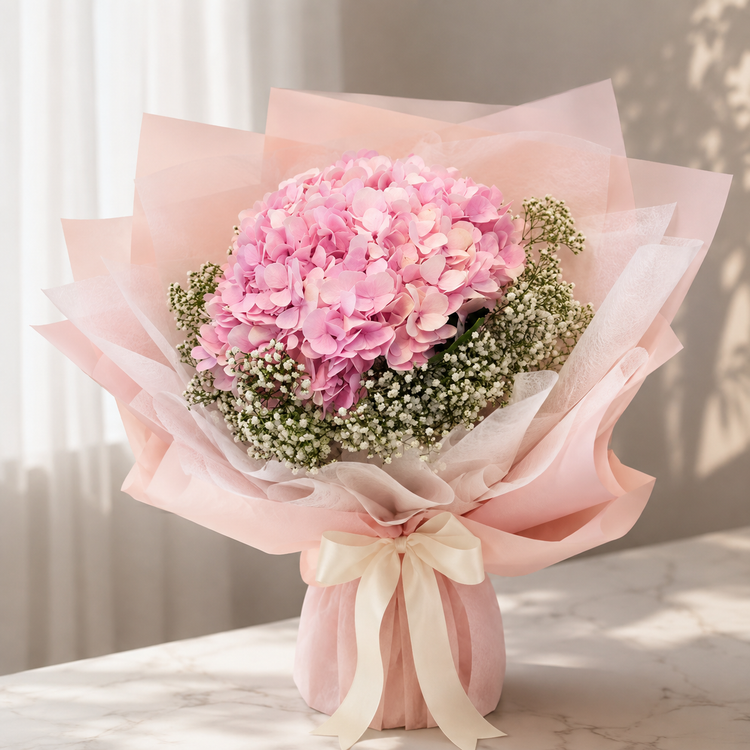 FlowerPlus hydrangea bouquet, Blushing Hydrangea Cloud arrangement for Valentine's Day