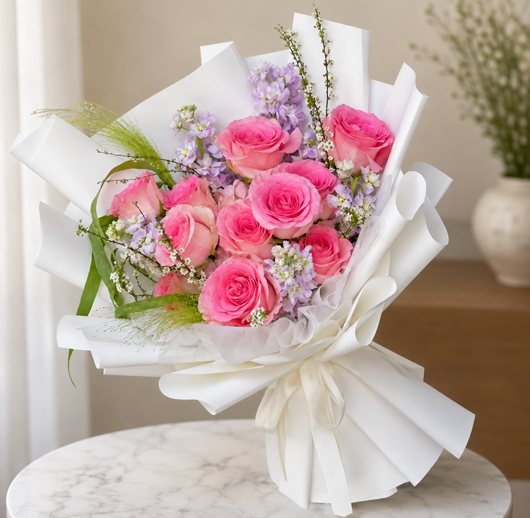 FlowerPlus花加 Blushing Romance bouquet of shocking pink roses for Valentine's Day