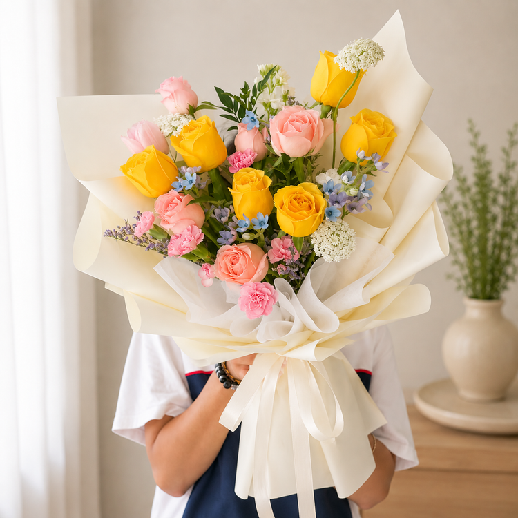 FlowerPlus花加 yellow and pink roses bouquet for Valentine's Day