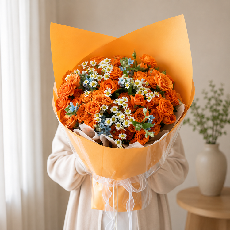 FlowerPlus spray roses with mini daisy bouquets in a citrus éclat arrangement for Valentine's Day