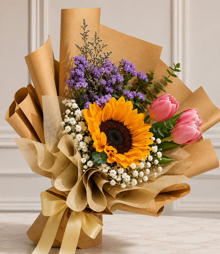 FlowerPlus sunflower with yellow tulips bouquet, arranged for Valentine’s Day delivery
