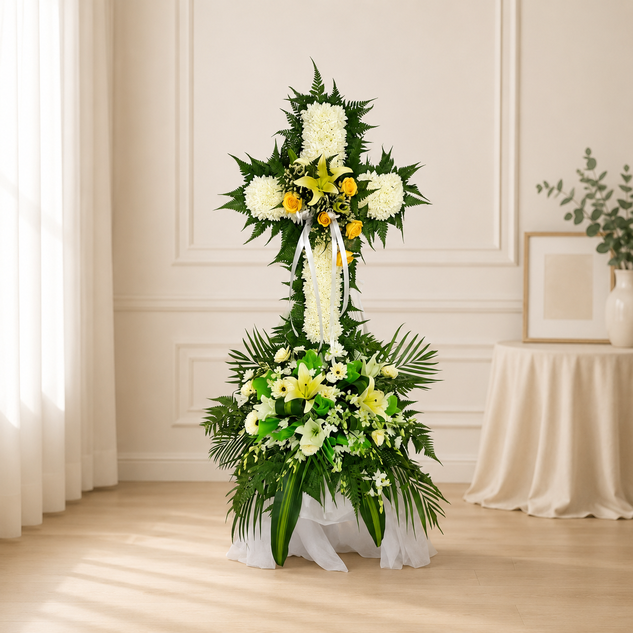 HEAVENLY PEACE | Yellow Lilies Condolences Cross Standee