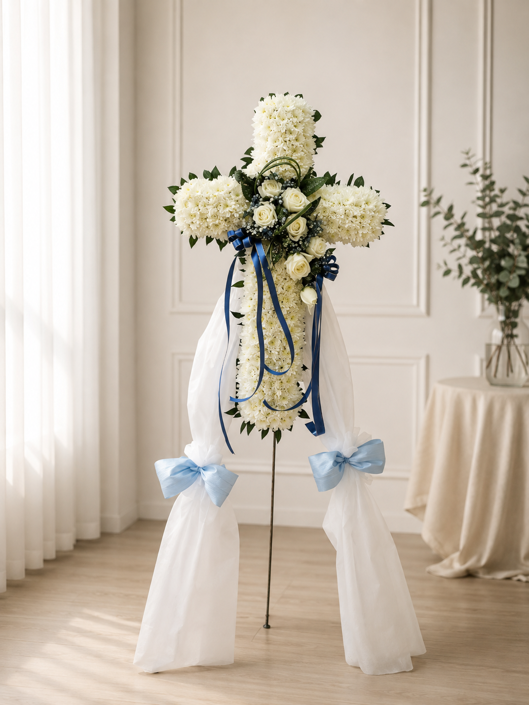 PEACEFUL REMEMBRANCE | White Roses Condolences Cross Standee