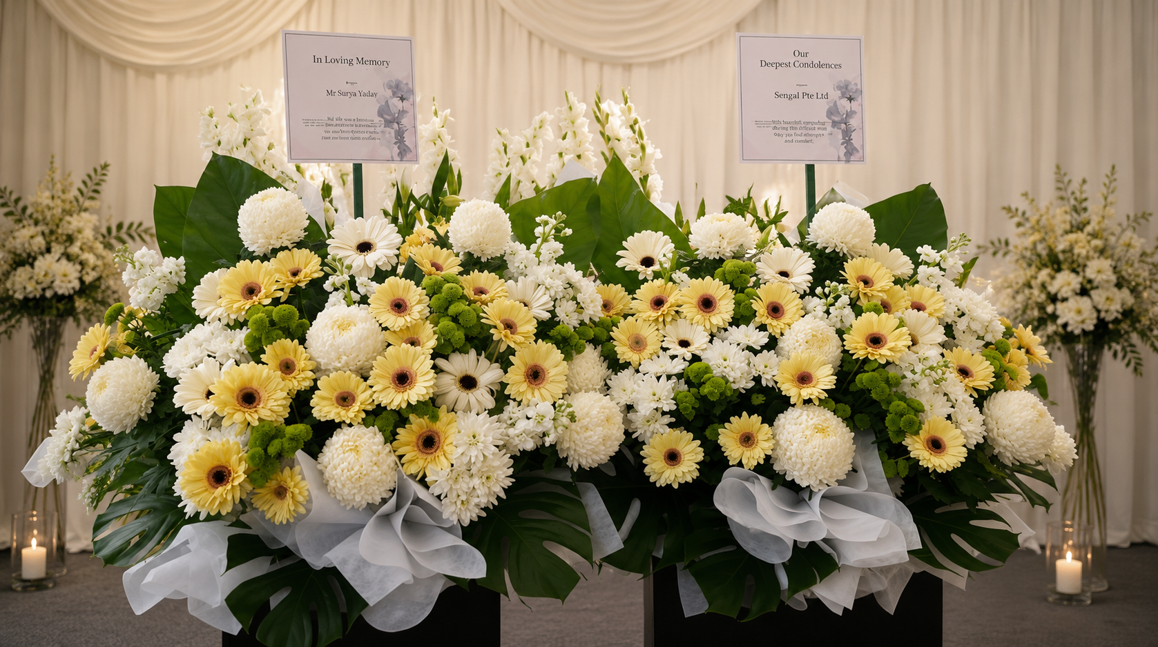 VICTOROUS LIFE | White Gerberas w White Sunlight Condolences Standee
