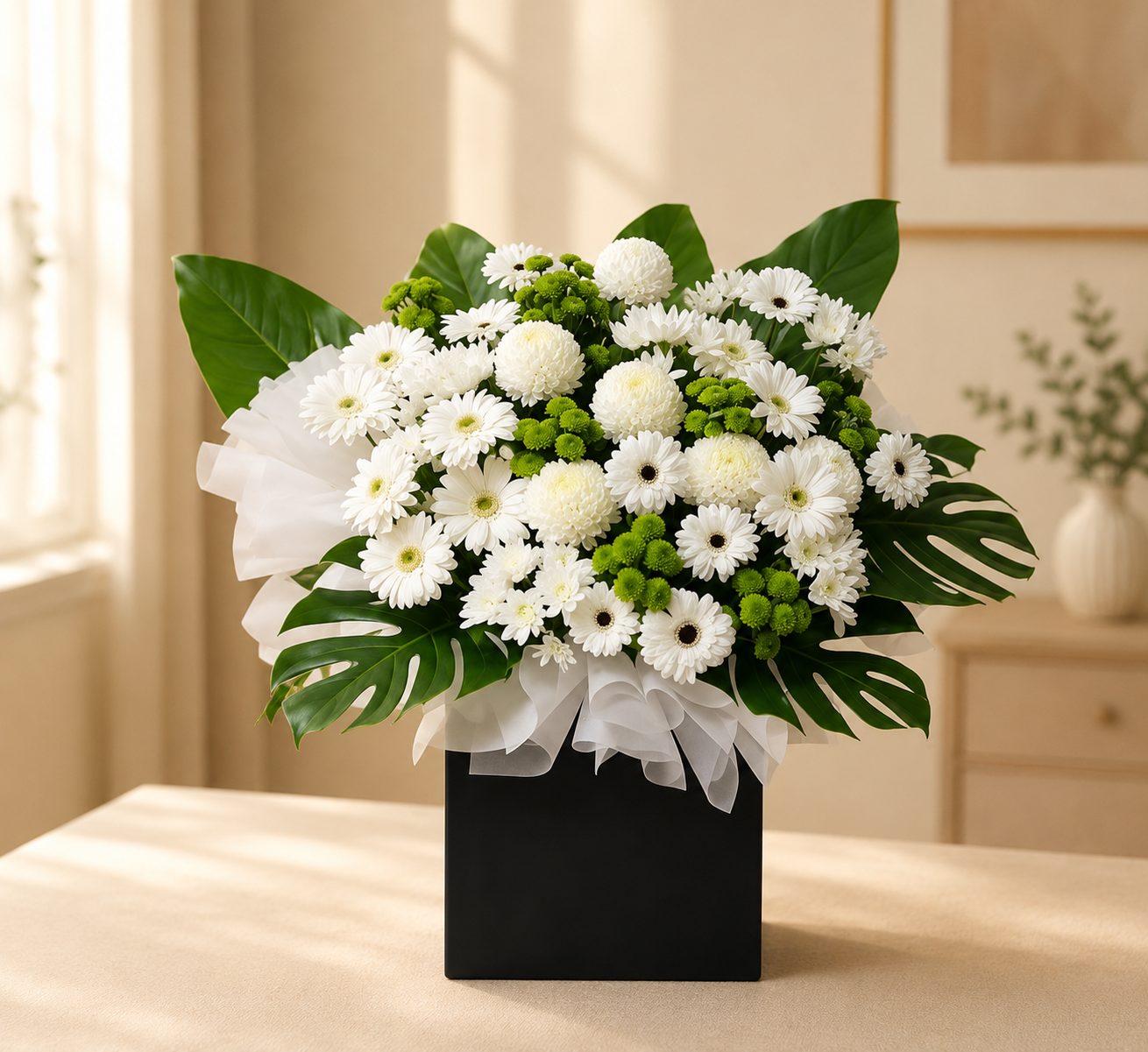 VICTOROUS LIFE | White Gerberas w White Sunlight Condolences Standee