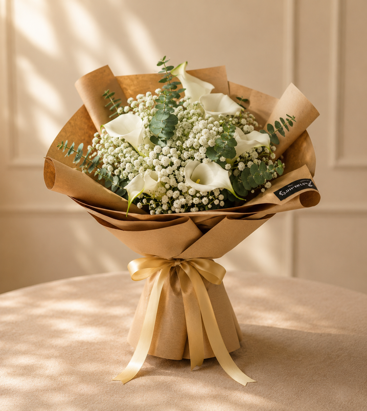 Pure Serenity white calla lilies bouquet by FlowerPlus花加
