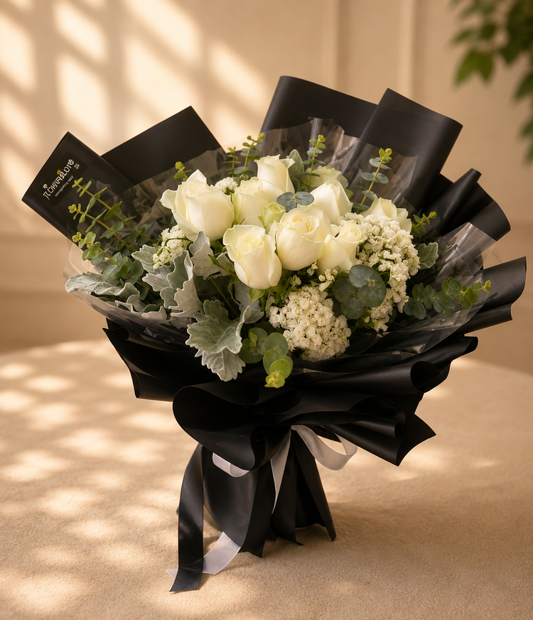 White roses bouquet featuring elegant blooms from FlowerPlus花加, perfect for gifting or decor.