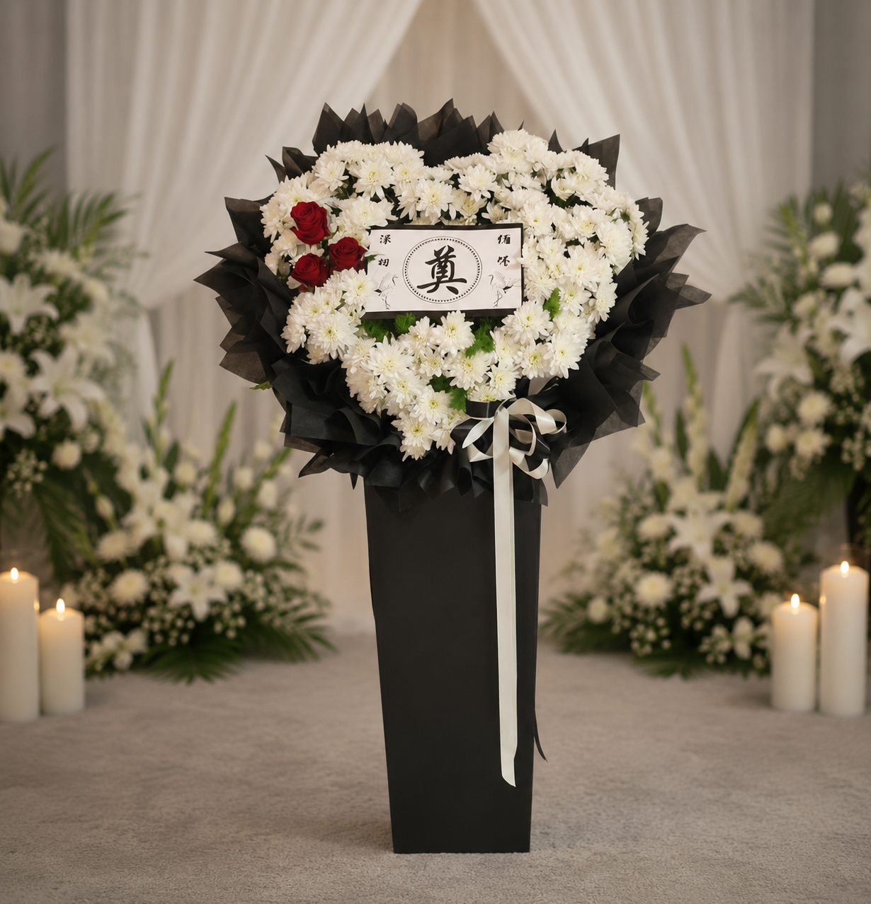 EVERLASTING LIFE | White Chrys Pom Pom Condolences Standee