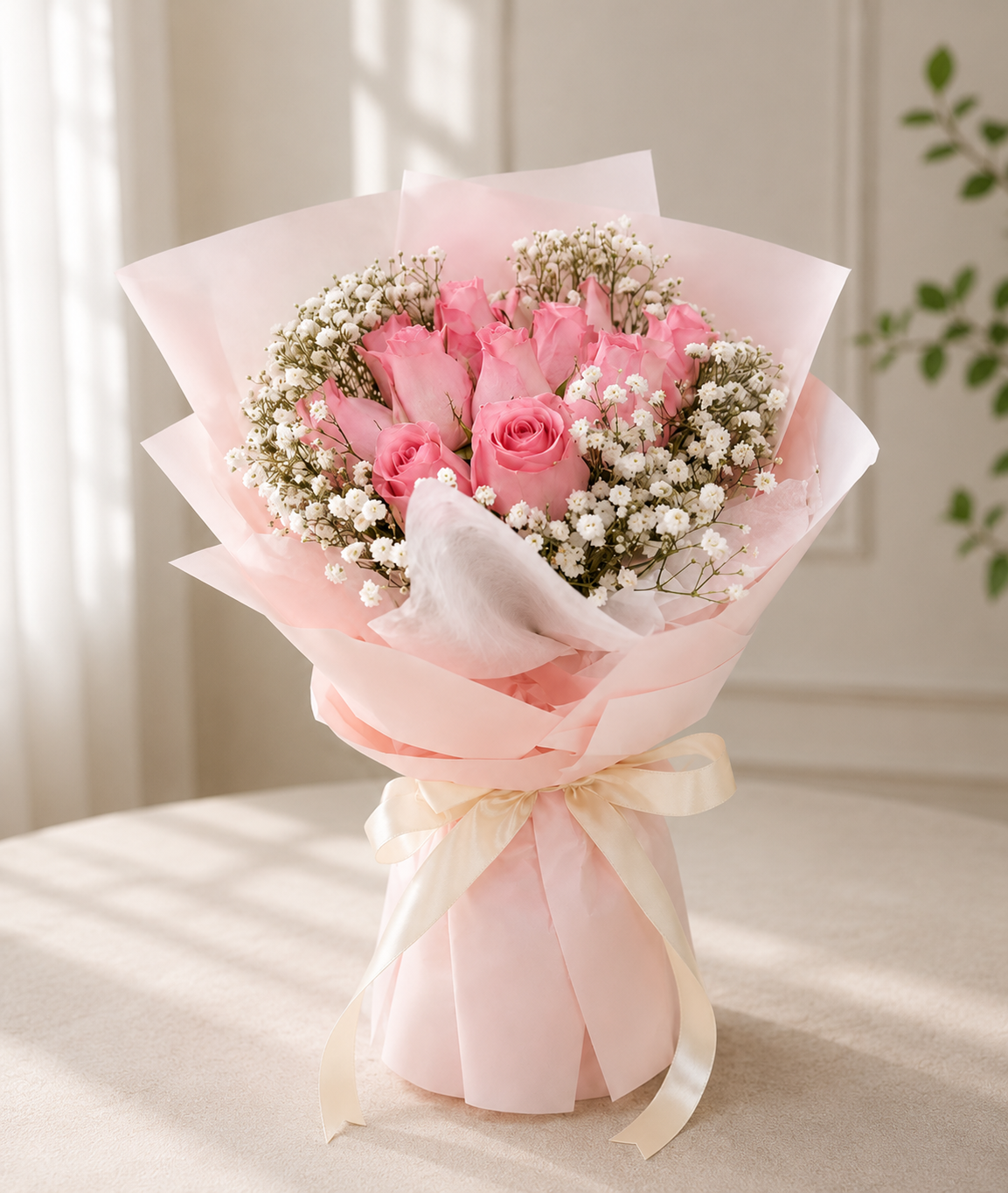 MY HEARTS BELONG TO YOU | Pink Roses & White Baby Breaths Bouquets