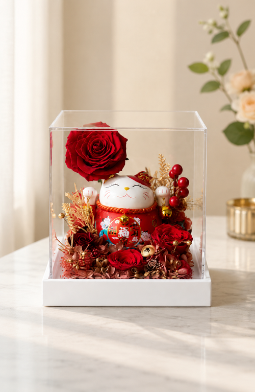 Preserved flowers arranged in a Maneki Neko Lucky Cat figure from FlowerPlus花加's AUSPICIOUS GRANDEUR series.