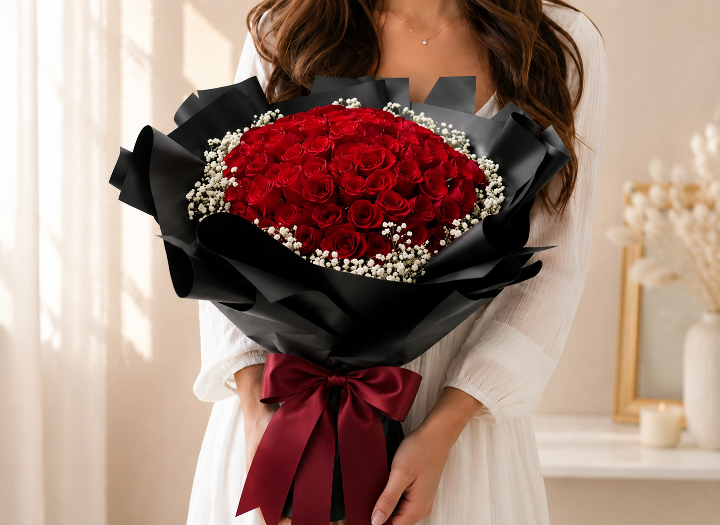 YOU'RE GERGEOUS | 99 Red Roses w White Baby Breaths Bouquets