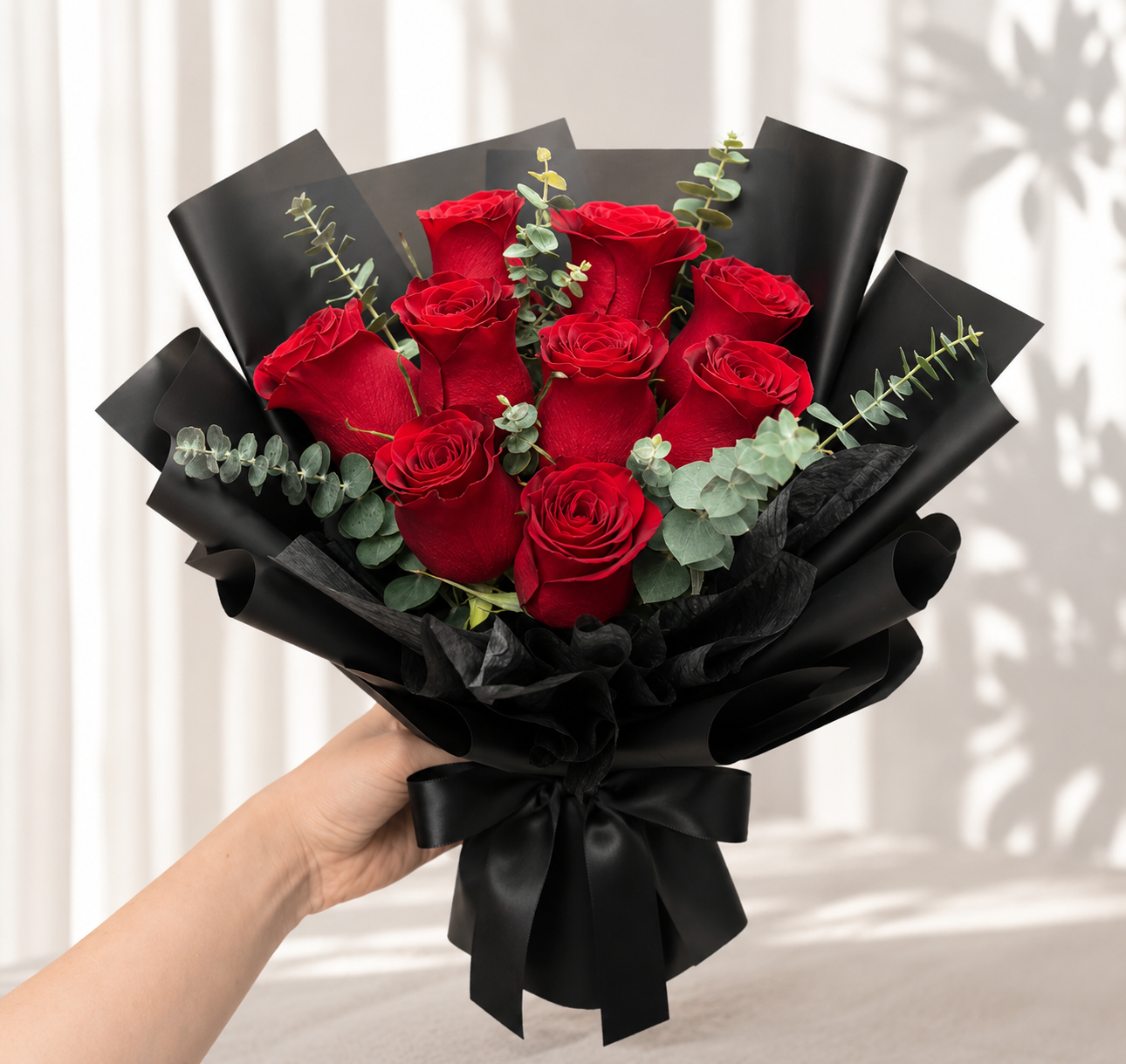 ROMANCE | Red Roses w Eucalyptus Bouquets