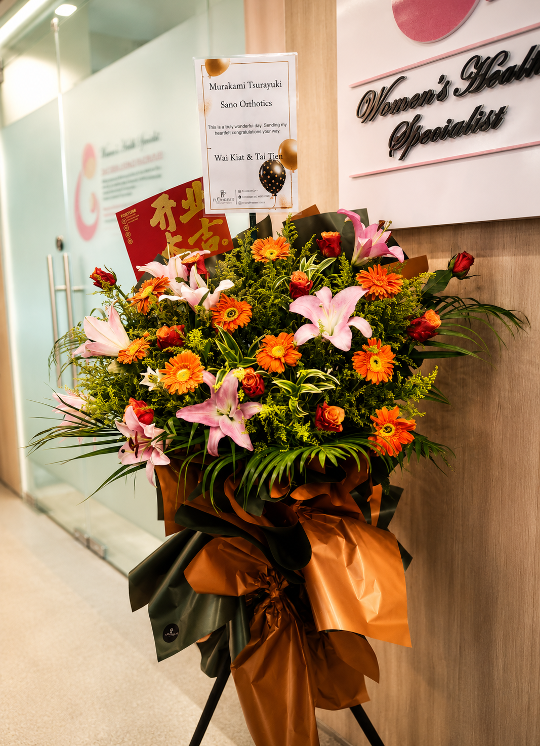 TANGERLINE BLOSSOM CELEBRATION | Oranges Gerberas w Pink Lilies Grand Opening Standee