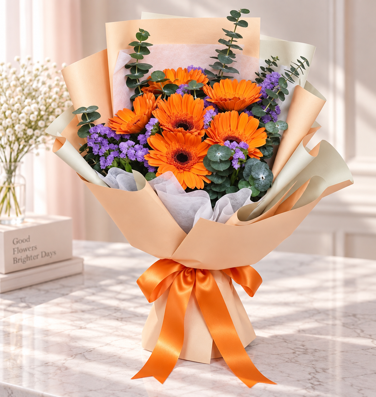 Bright bouquet of orange gerbera daisies and blossoms from FlowerPlus, showcasing vibrant, fresh floral arrangement.