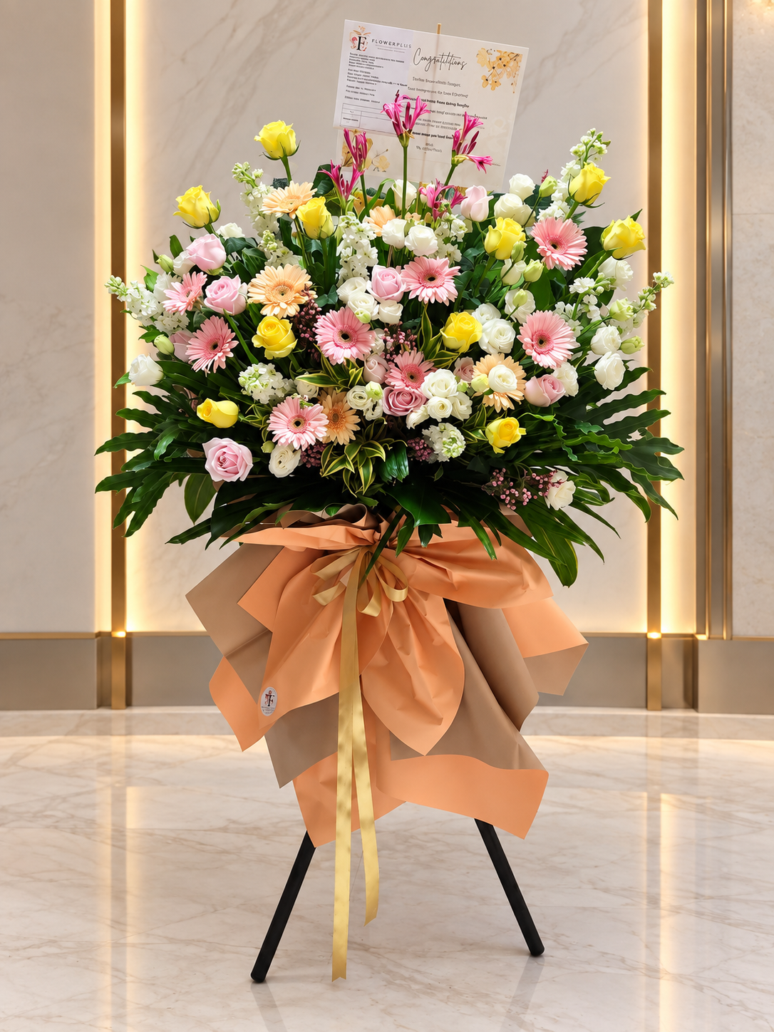 PASTEL CONGRATULATIONS | Yellow Roses w Pink Gerberas Grand Opening Standee { 鲜花花架 | 开业花 }