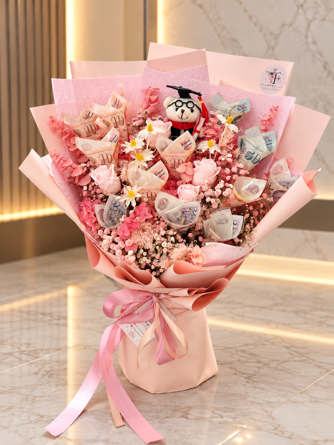 Preserved hydrangea flowers in a cash-themed bouquet by FlowerPlus花加, featuring realistic, vibrant blooms arranged creatively.