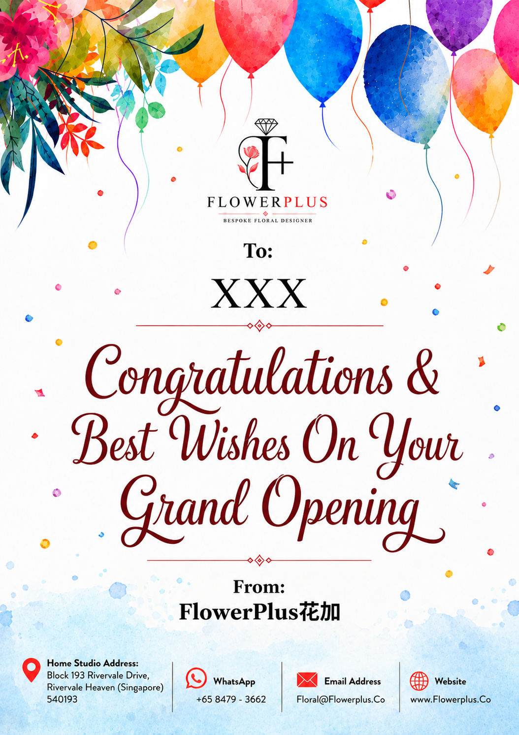 Colorful gerberas daisies from FlowerPlus花加 celebrating success and fortune in a vibrant grand opening standee display.