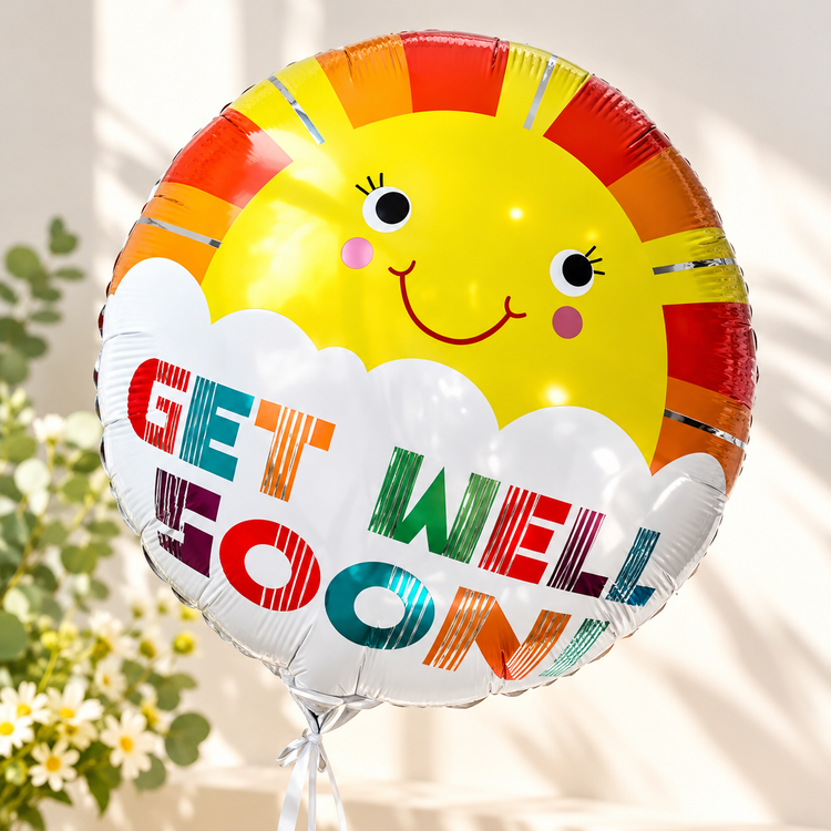 Cheerful helium balloon with "Get Well Soon" message from FlowerPlus花加, featuring bright colors and festive design.