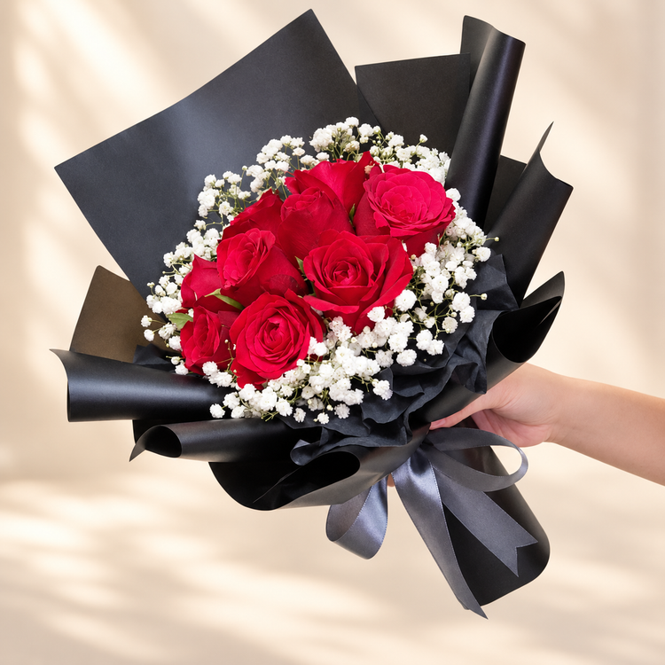 FlowerPlus crimson red roses with white baby's breath bouquet in charcoal wrapping