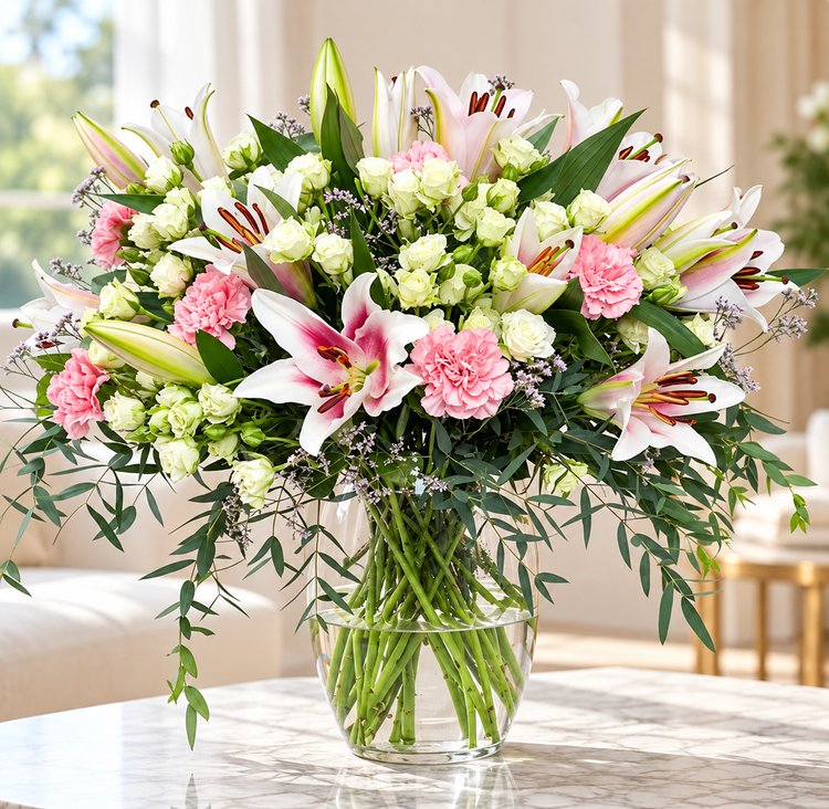 Elegant blush and ivory pink lilies with white spray roses in vases by FlowerPlus花加