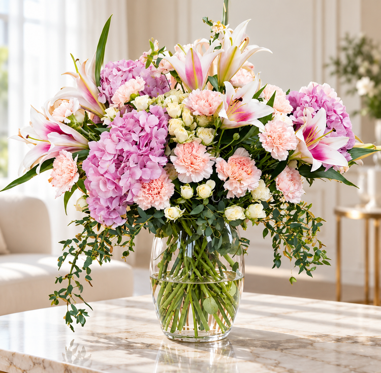 FlowerPlus花加 pink hydrangea and lily bouquet arranged in elegant vases for Valentine's Day