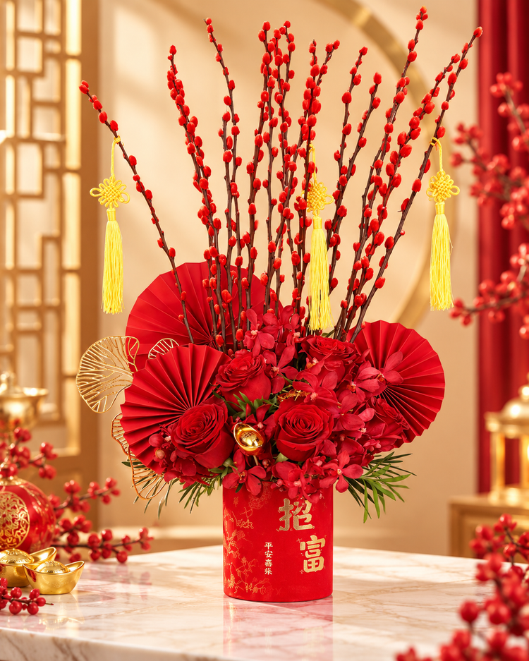FlowerPlus花加 Wealth of Flame CNY table flower with festive floral arrangement for Chinese New Year