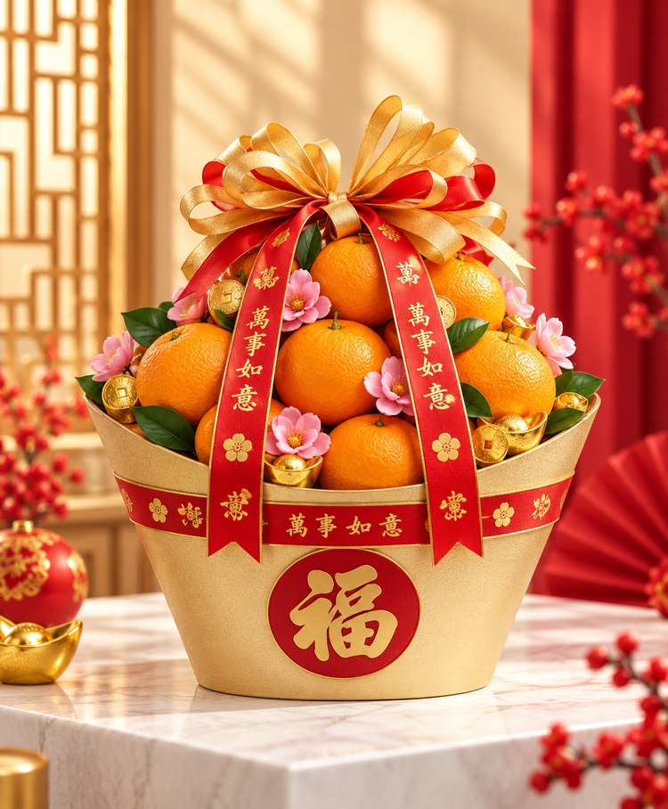 FlowerPlus花加 Mandarin 28 Oranges Chinese New Year Hamper in a luxurious gift basket