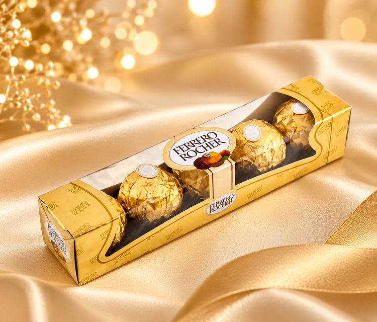 Luxurious Ferrero Rocher chocolates in a golden still life display, showcasing the elegant FlowerPlus花加 brand packaging.