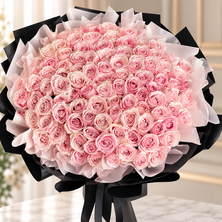 Luxurious blush pink roses bouquet from FlowerPlus花加, featuring 99 fresh roses, perfect for Valentine's Day celebrations.