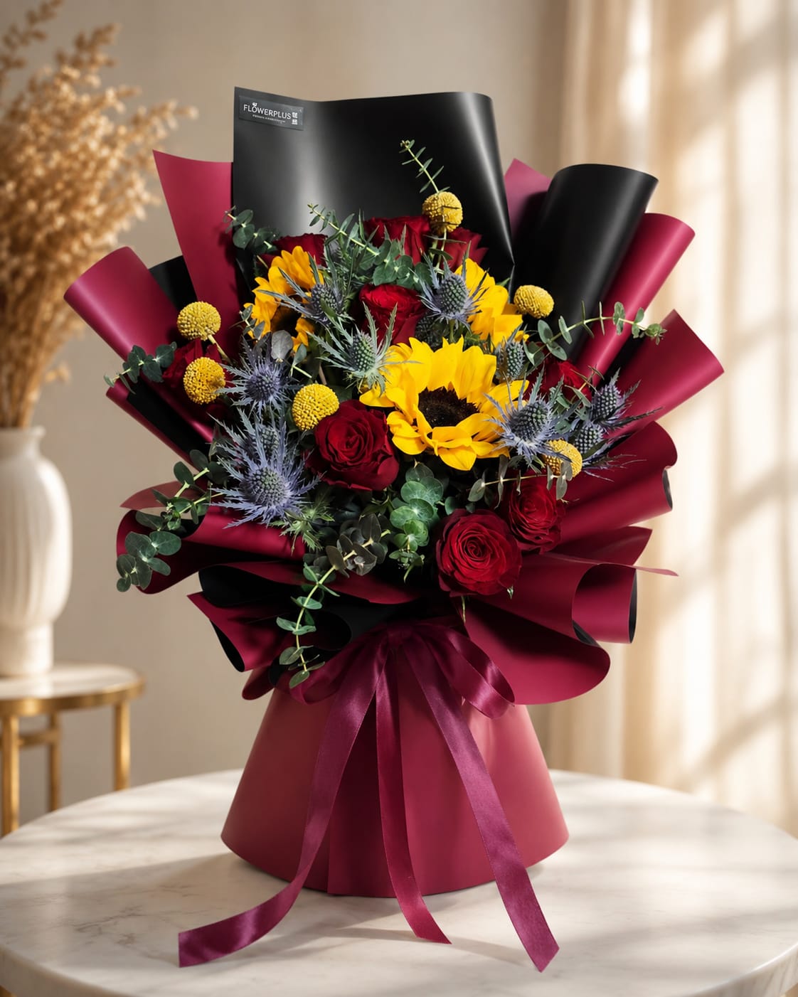 CRIMSON SUNBURST ELEGANCE | Sunflower w Red Roses Bouquets
