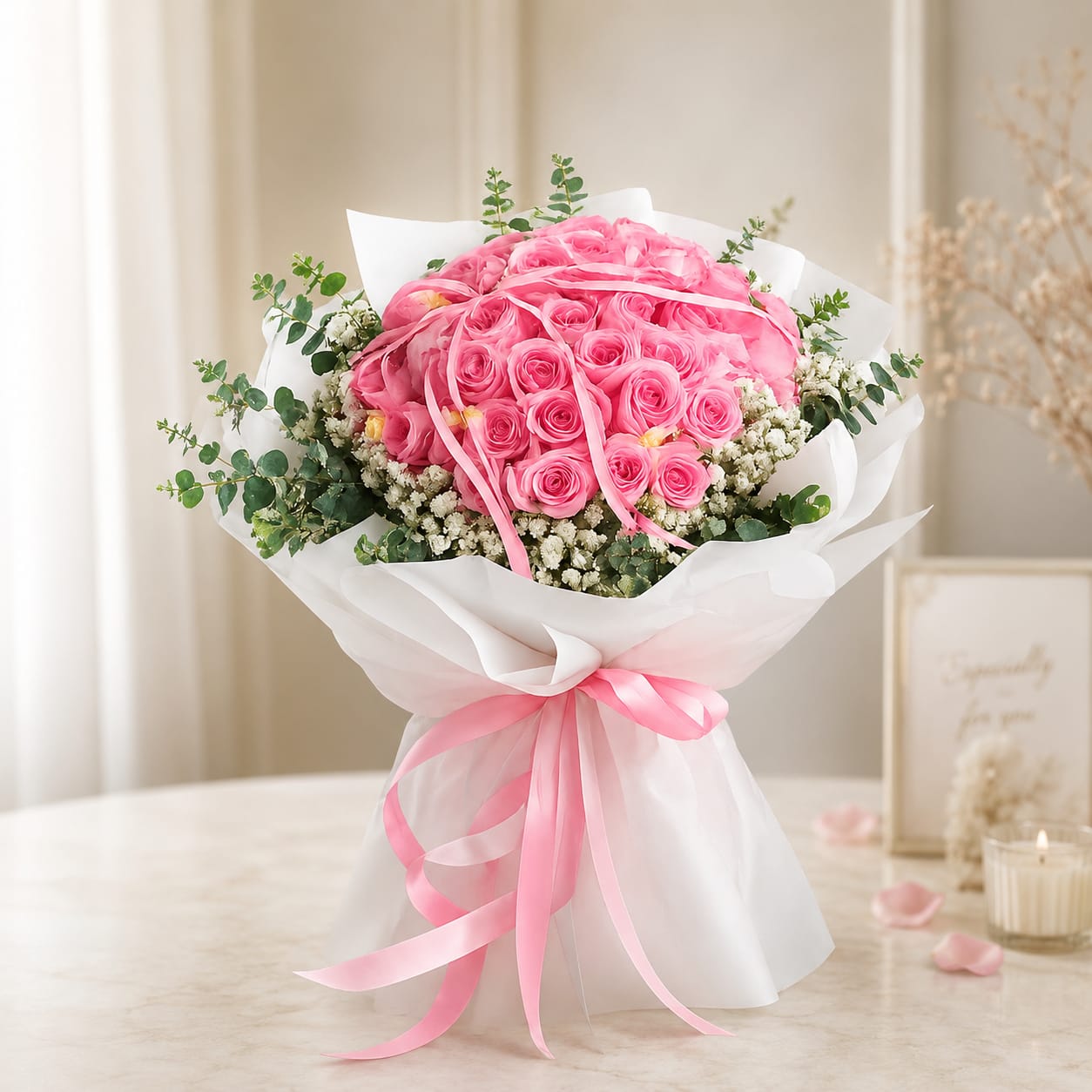 STAR OF THE SHOW! | 99 Shocking Pink Roses w Baby Breaths Bouquets