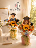 Sunflower bouquet with spray roses and oranges from FlowerPlus花加, vibrant floral arrangement with sunflowers, roses, and orange accents.