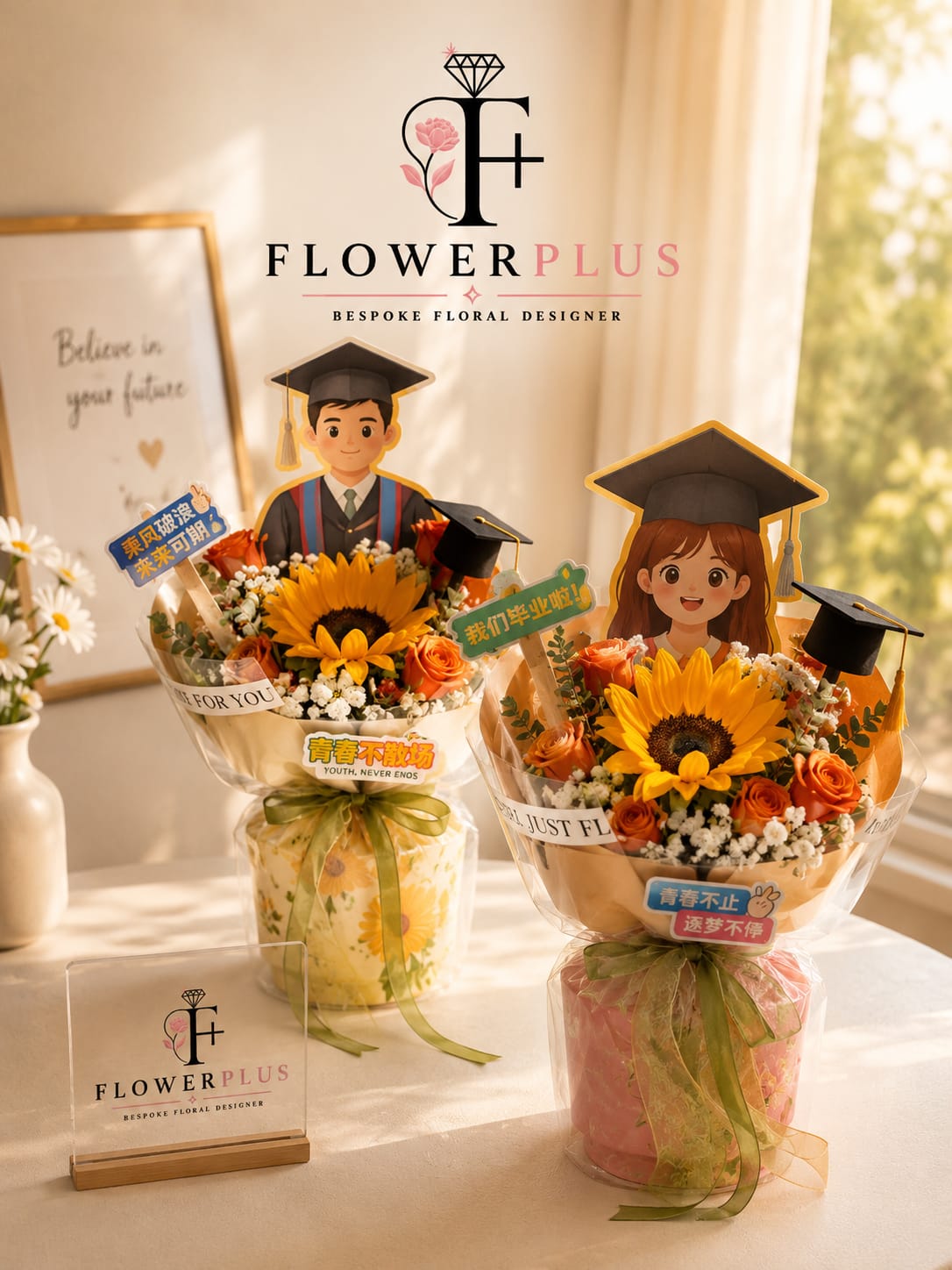 Sunflower bouquet with spray roses and oranges from FlowerPlus花加, vibrant floral arrangement with sunflowers, roses, and orange accents.
