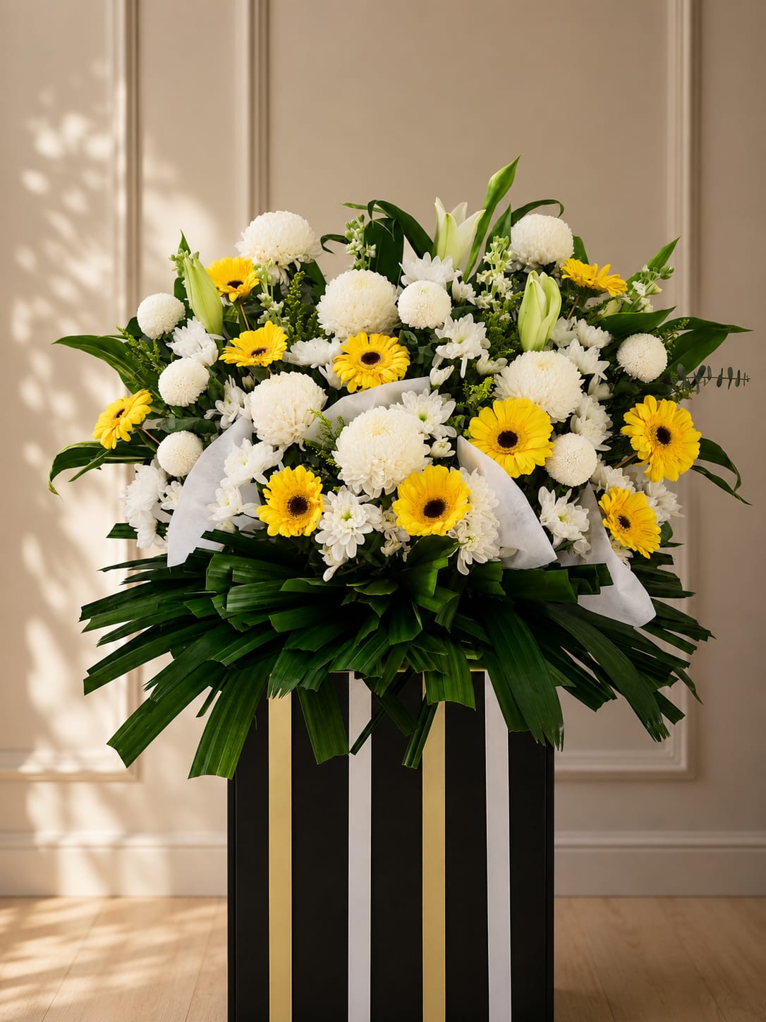 GOLDEN TRIBUTE - White Sunlight Chrys Pom Pom Condolences Standee