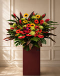 Sunflower themed standee for grand opening by FlowerPlus花加, featuring vibrant sunflower images and decorative design.