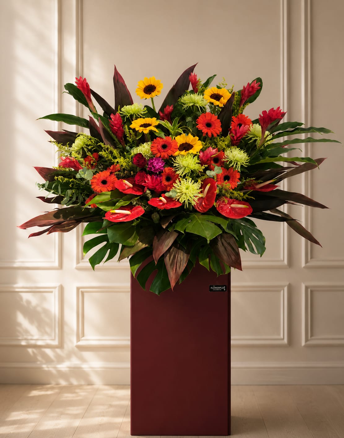 Sunflower themed standee for grand opening by FlowerPlus花加, featuring vibrant sunflower images and decorative design.