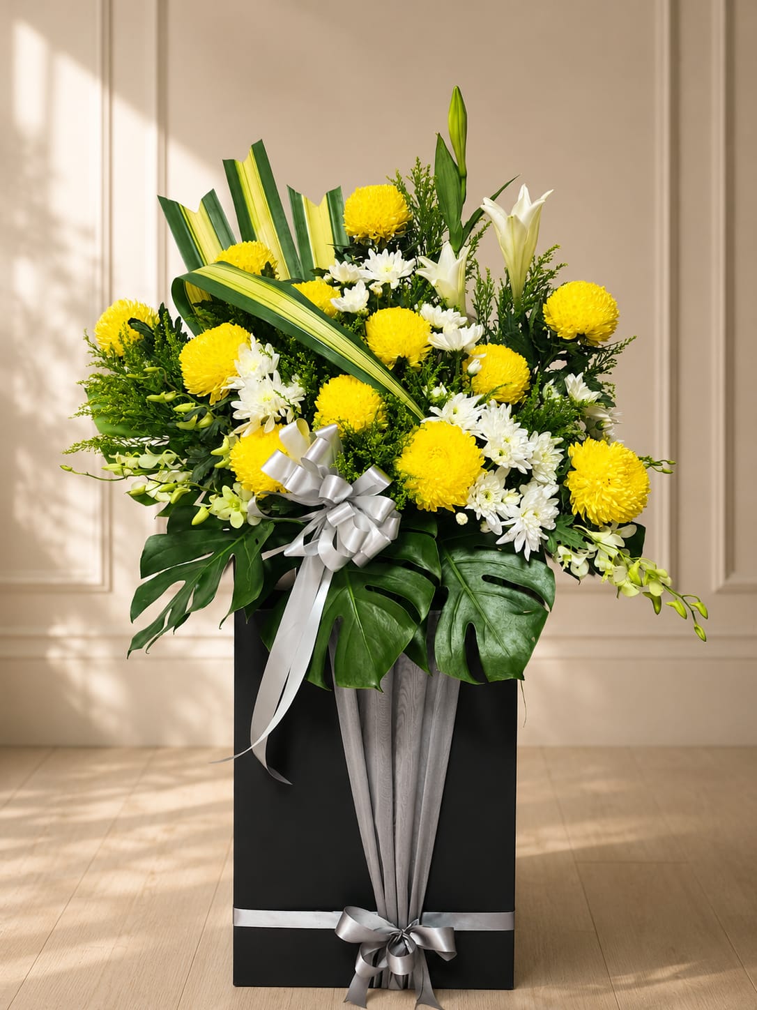 GOLDEN SERENITY - Yellow Sunlight Chrys Pom Pom Condolences Standee
