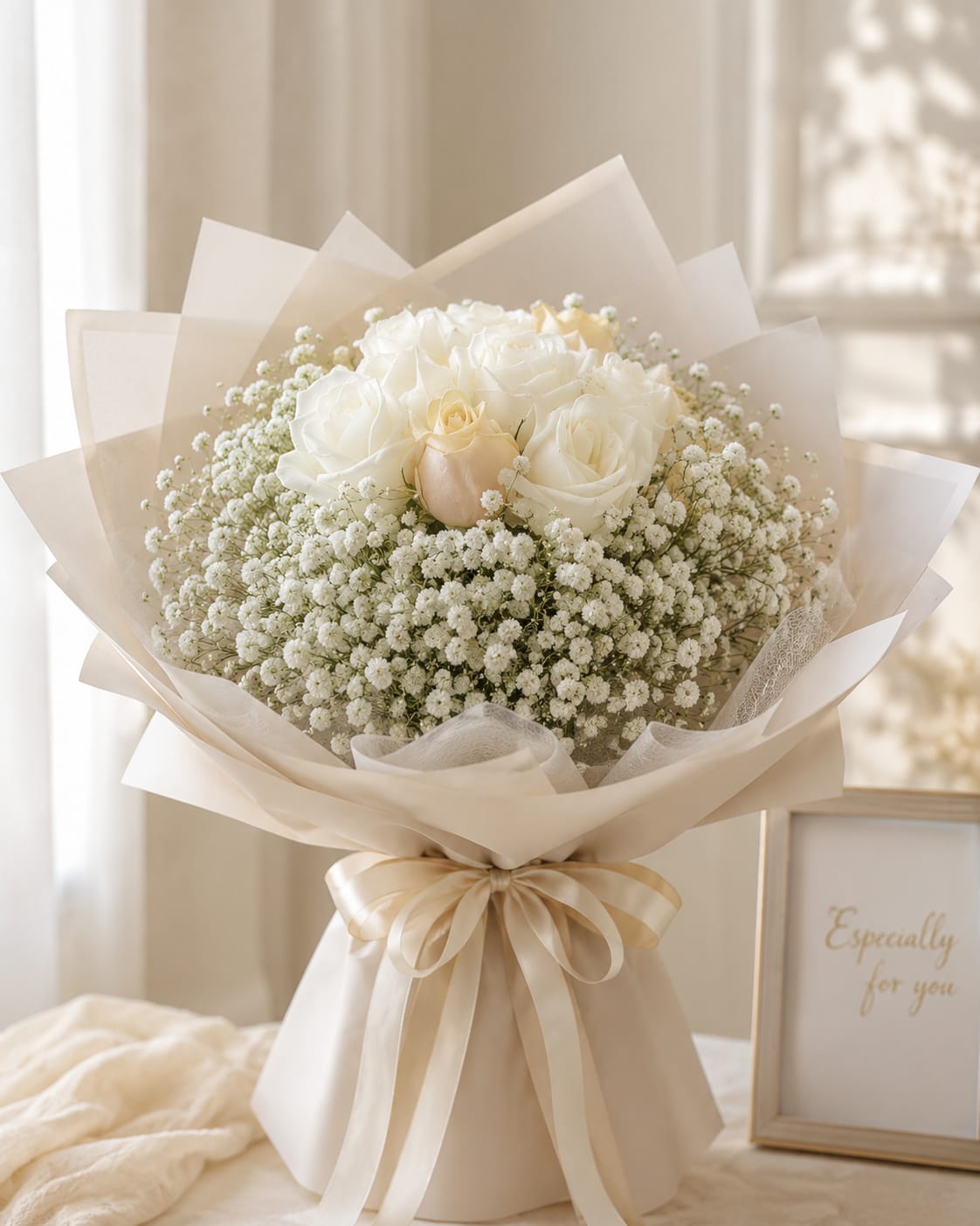 White roses and champagne roses bouquet from FlowerPlus花加, featuring elegant ivory and soft floral arrangement.
