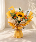SUNNY BLISS | Sunflower w Spray Oranges Roses Bouquets