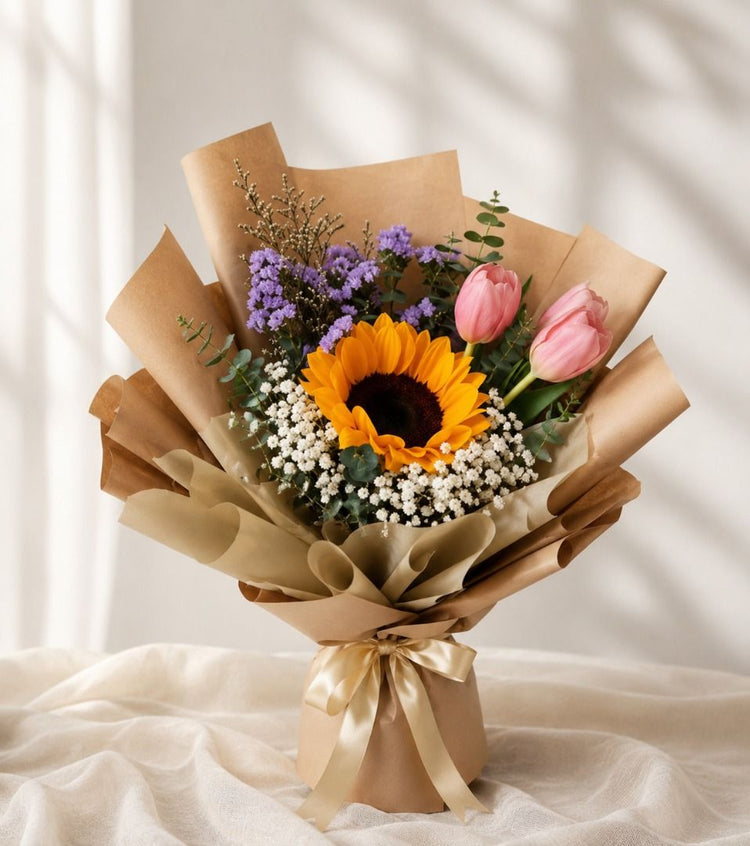 Single sunflower with vibrant tulips in a FlowerPlus花加 bouquet, showcasing bright, fresh floral arrangement.